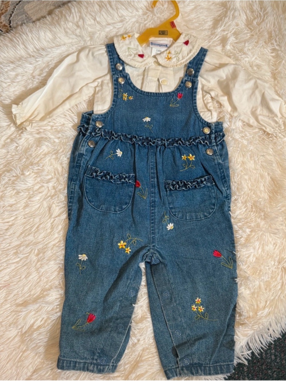 Vintage 90s Buster Brown Embroidered Denim Overalls & Blouse Set - 12M